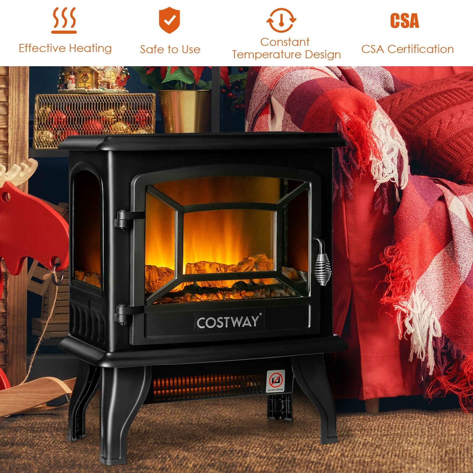 Freestanding Fireplace Heater with Realistic Dancing Flame Effect, Black - Gallery Canada