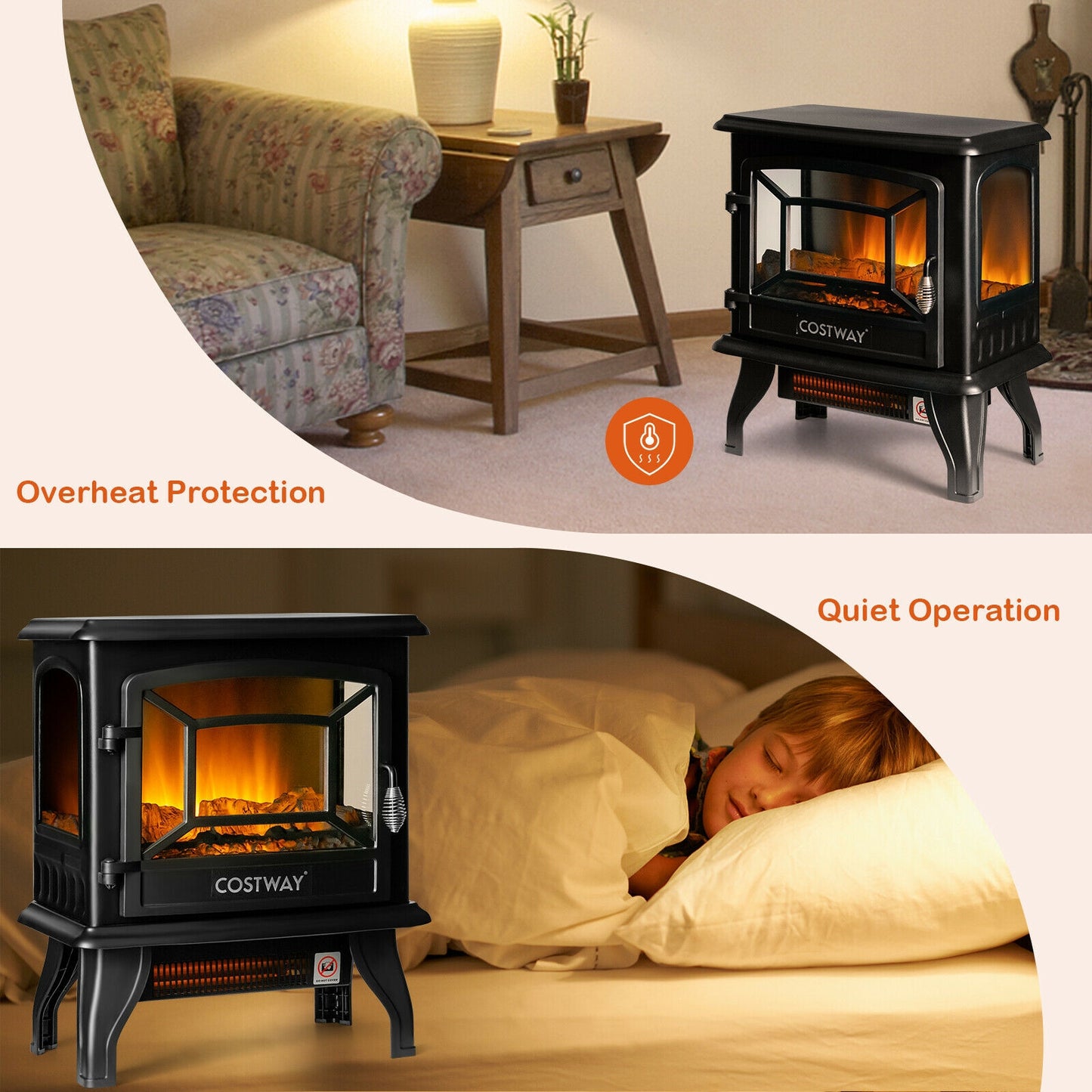 Freestanding Fireplace Heater, Realistic Dancing Flame Effect, Black Fireplaces at Gallery Canada