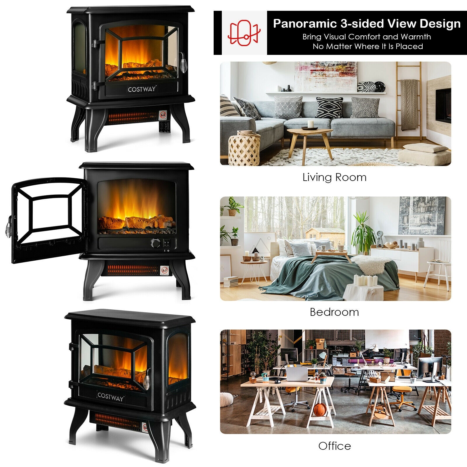 Freestanding Fireplace Heater, Realistic Dancing Flame Effect, Black Fireplaces at Gallery Canada