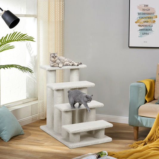 4-Step Pet Stairs Carpeted Ladder Ramp Scratching Post Cat Tree Climber, Beige - Gallery Canada