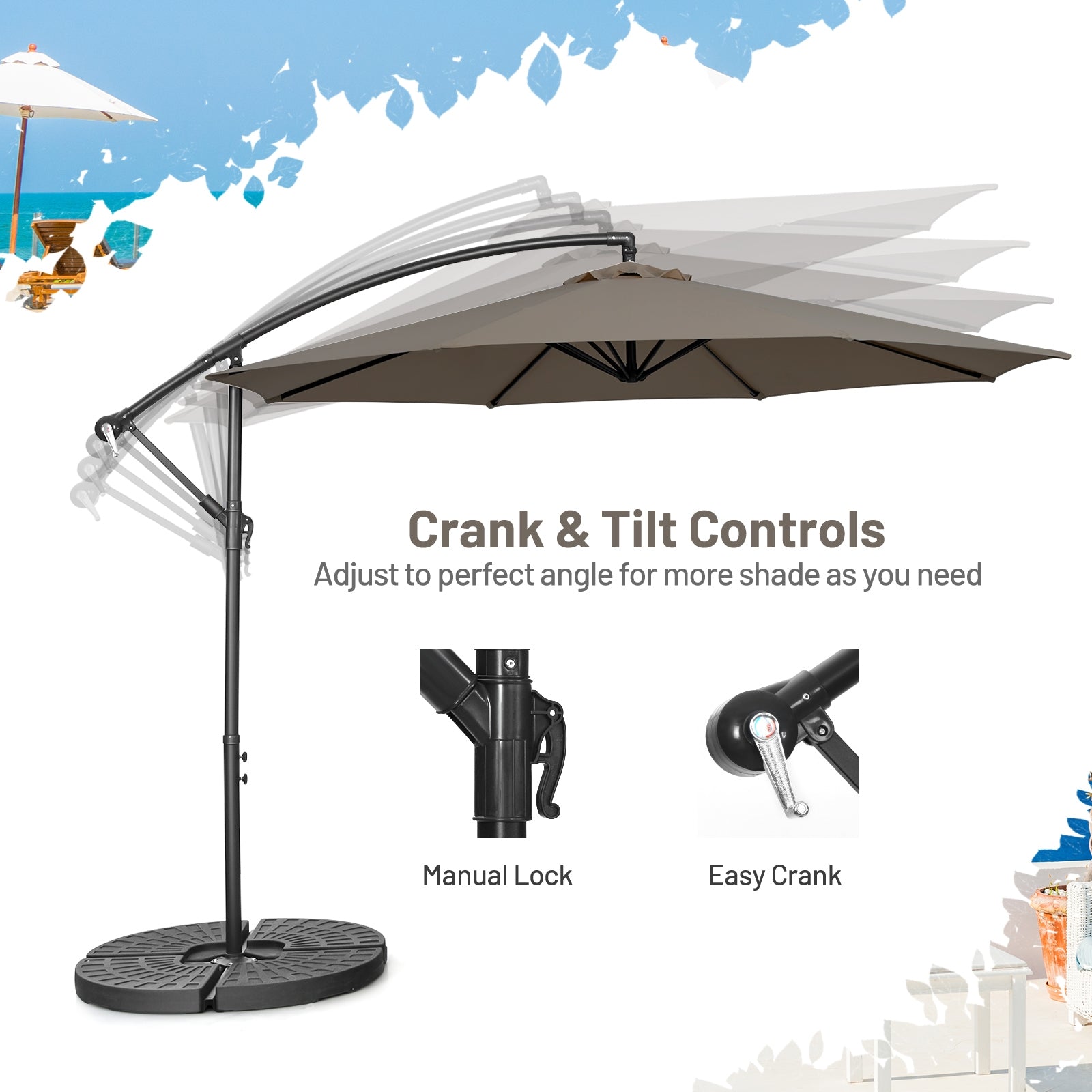 10FT Offset Umbrella with 8 Ribs Cantilever and Cross Base Tilt Adjustment, Brown Outdoor Umbrellas at Gallery Canada