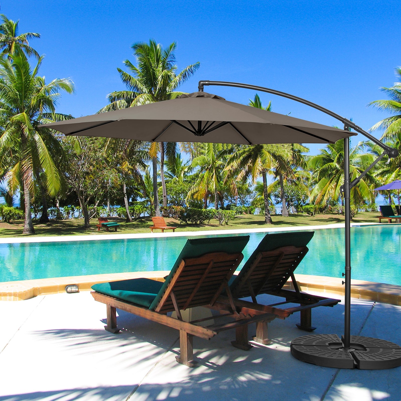 10FT Offset Umbrella with 8 Ribs Cantilever and Cross Base Tilt Adjustment, Brown Outdoor Umbrellas at Gallery Canada