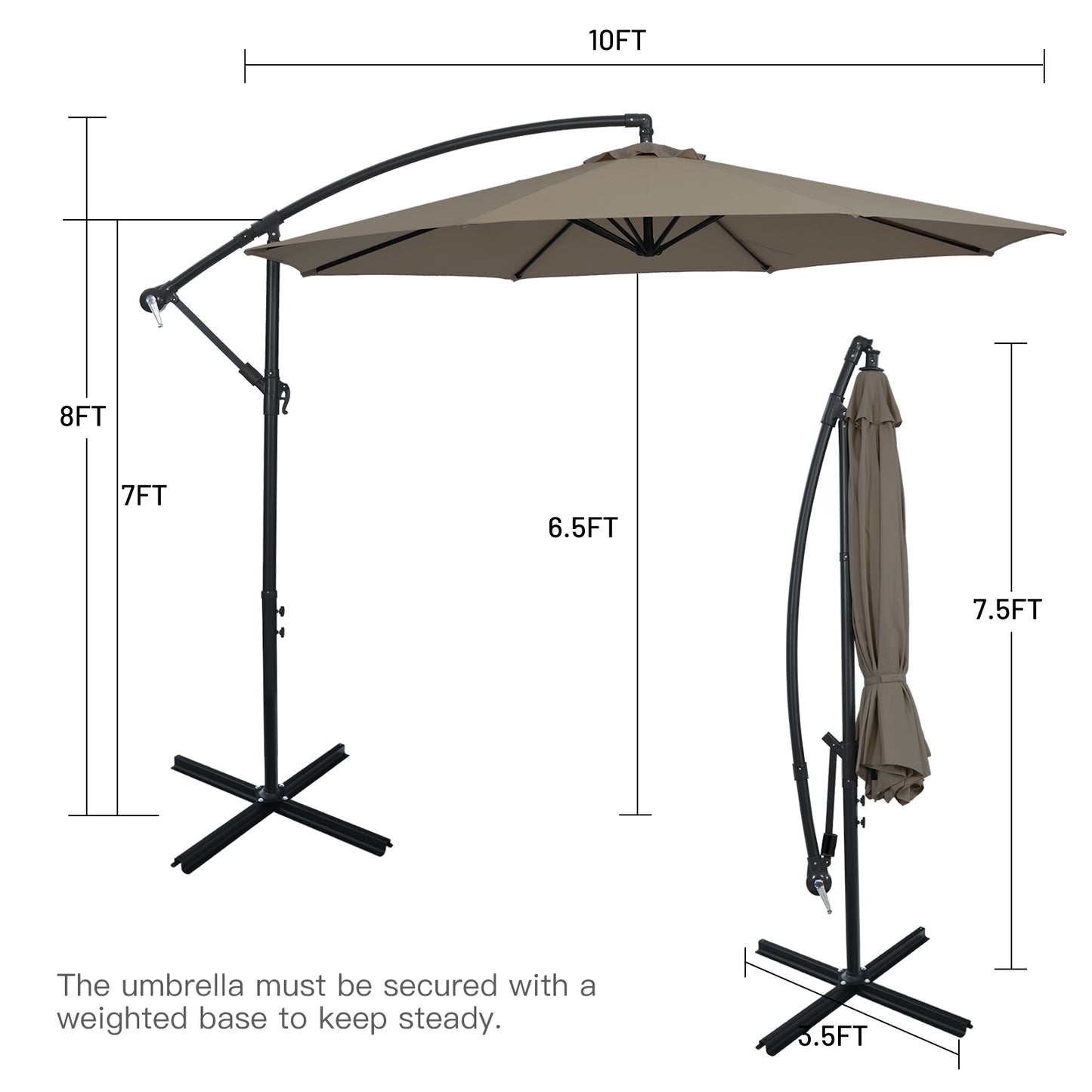 10FT Offset Umbrella with 8 Ribs Cantilever and Cross Base Tilt Adjustment, Brown Outdoor Umbrellas at Gallery Canada