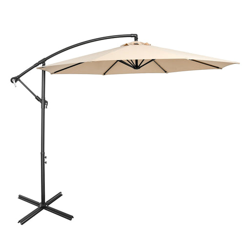 10FT Offset Umbrella, 8 Ribs, Cantilever, Cross Base, Tilt Adjustment, Beige