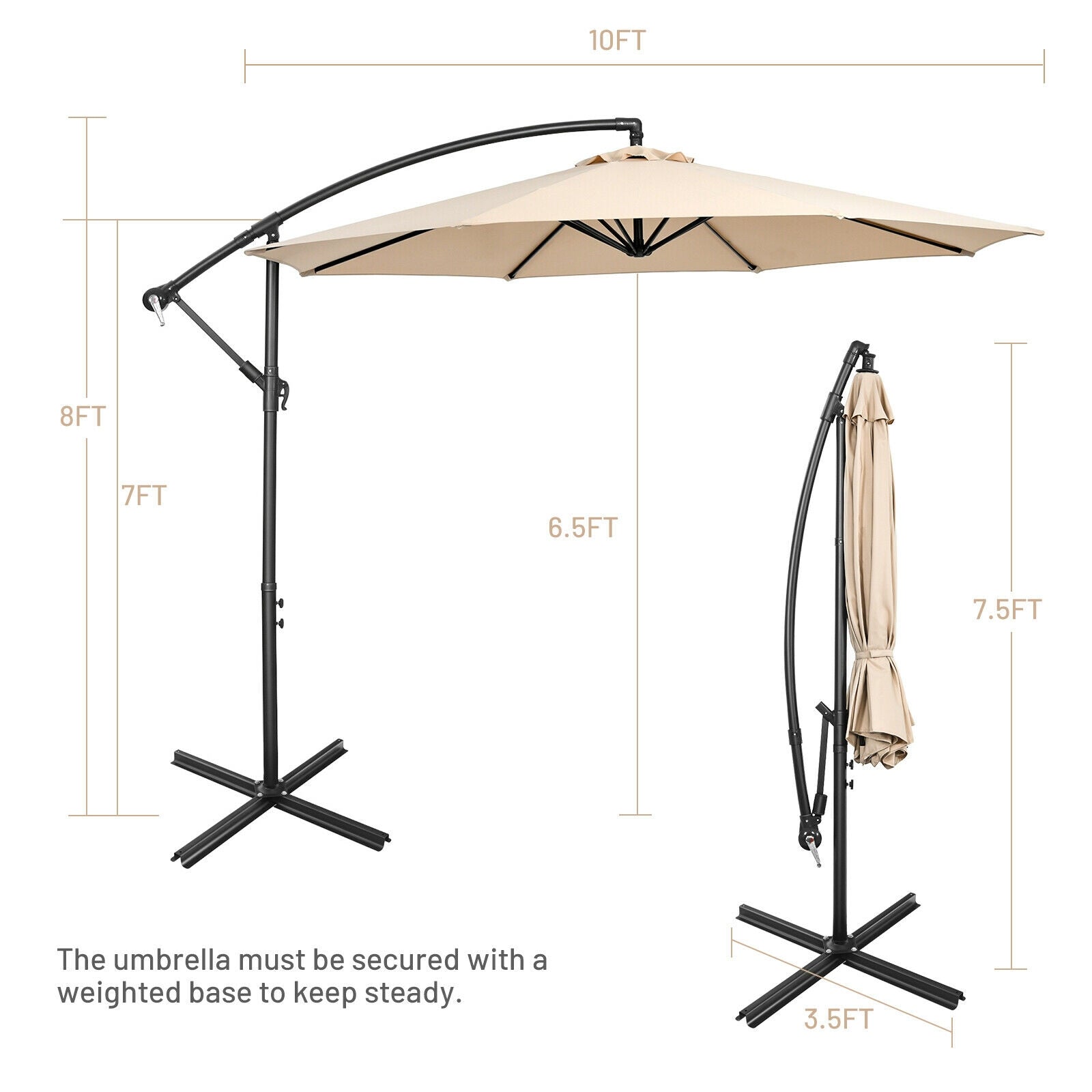 10FT Offset Umbrella with 8 Ribs Cantilever and Cross Base Tilt Adjustment, Beige Outdoor Umbrellas at Gallery Canada