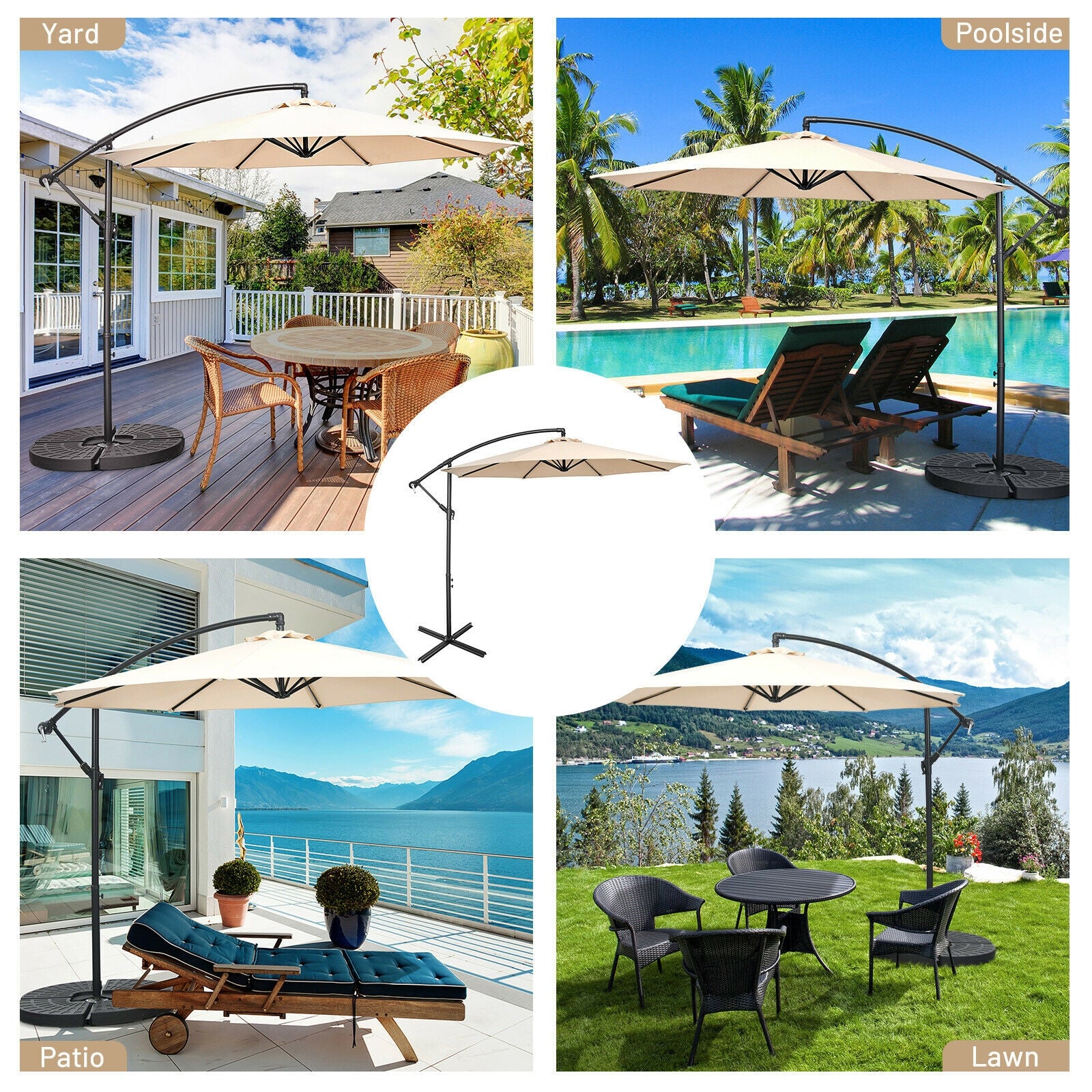 10FT Offset Umbrella with 8 Ribs Cantilever and Cross Base Tilt Adjustment, Beige Outdoor Umbrellas at Gallery Canada