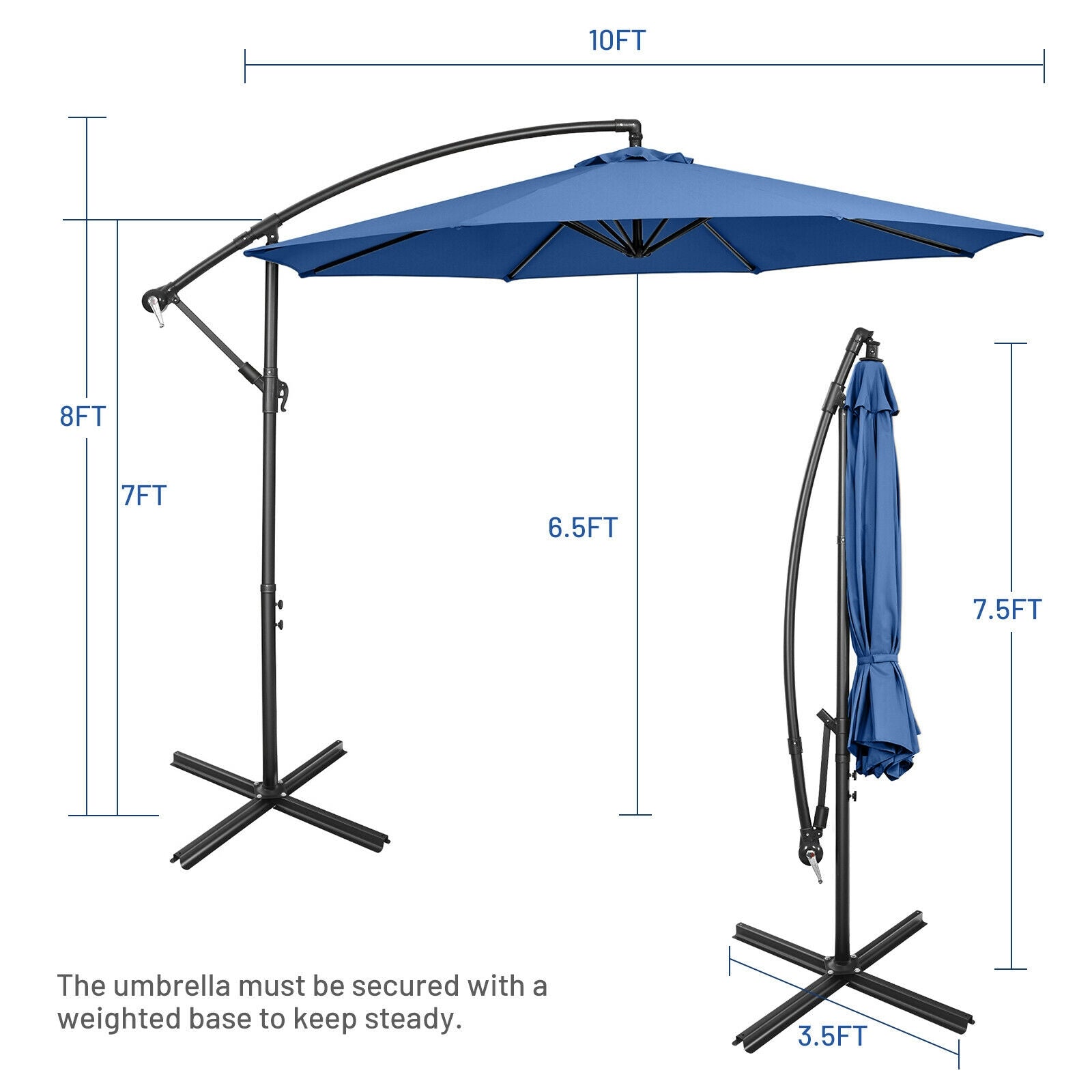 10FT Offset Umbrella, 8 Ribs, Cantilever Cross Base, Tilt Adjustment, Blue Outdoor Umbrellas at Gallery Canada