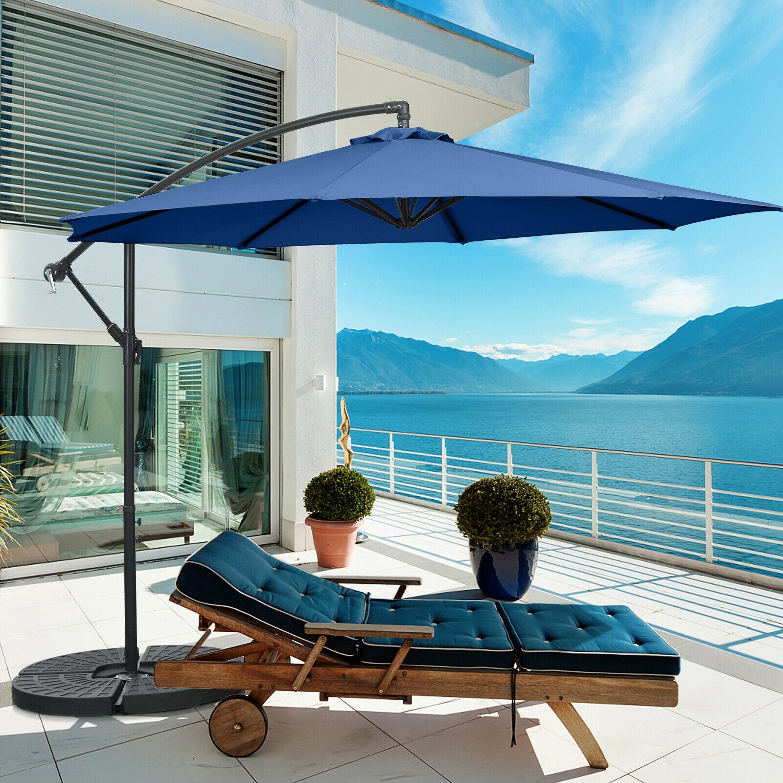 10FT Offset Umbrella with 8 Ribs Cantilever and Cross Base Tilt Adjustment, Blue Outdoor Umbrellas at Gallery Canada