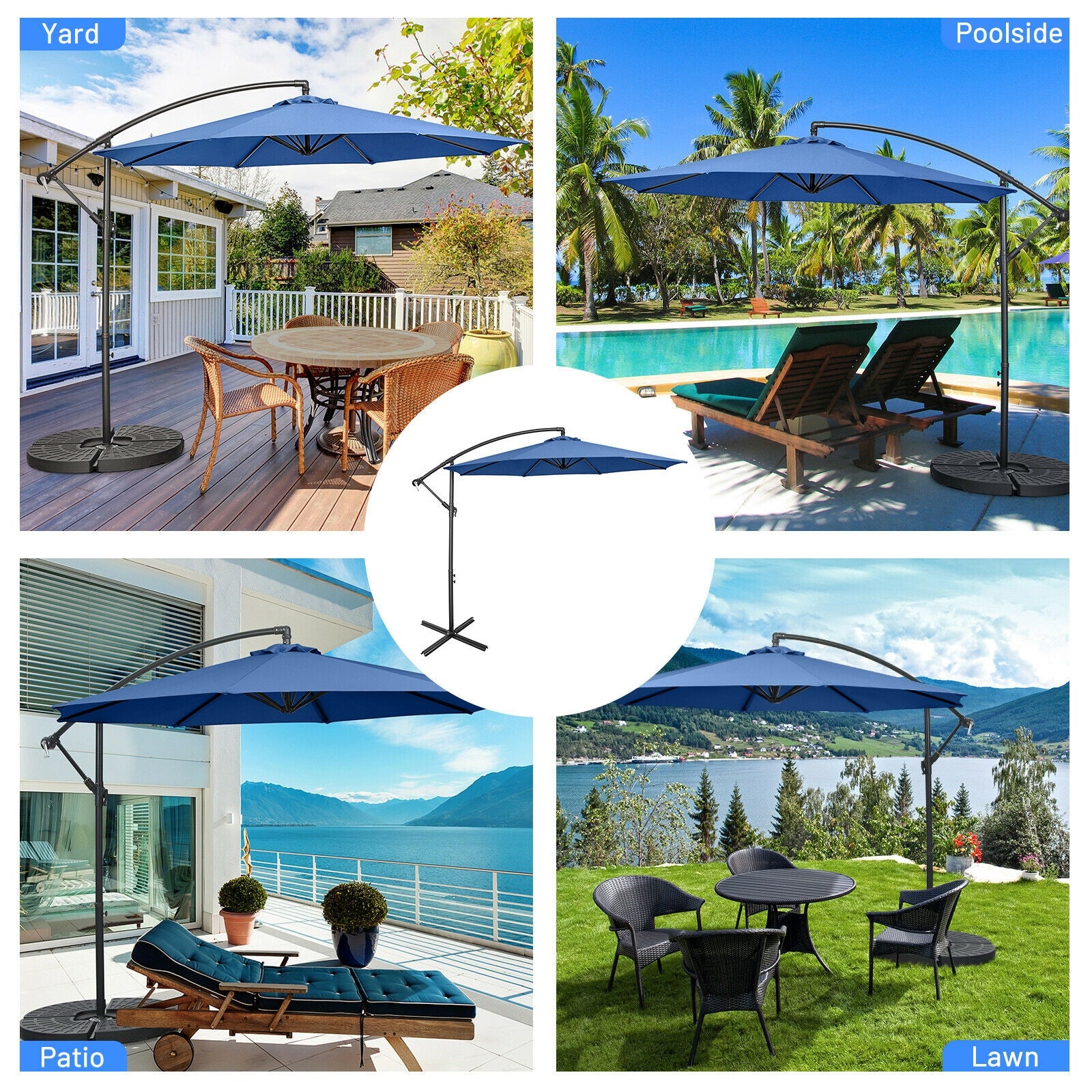 10FT Offset Umbrella with 8 Ribs Cantilever and Cross Base Tilt Adjustment, Blue Outdoor Umbrellas at Gallery Canada
