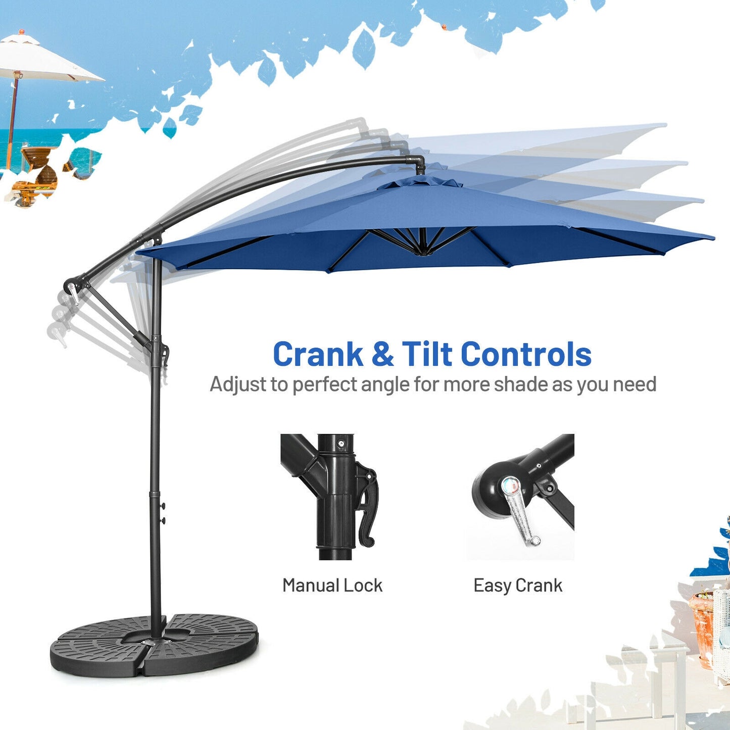 10FT Offset Umbrella with 8 Ribs Cantilever and Cross Base Tilt Adjustment, Blue Outdoor Umbrellas at Gallery Canada
