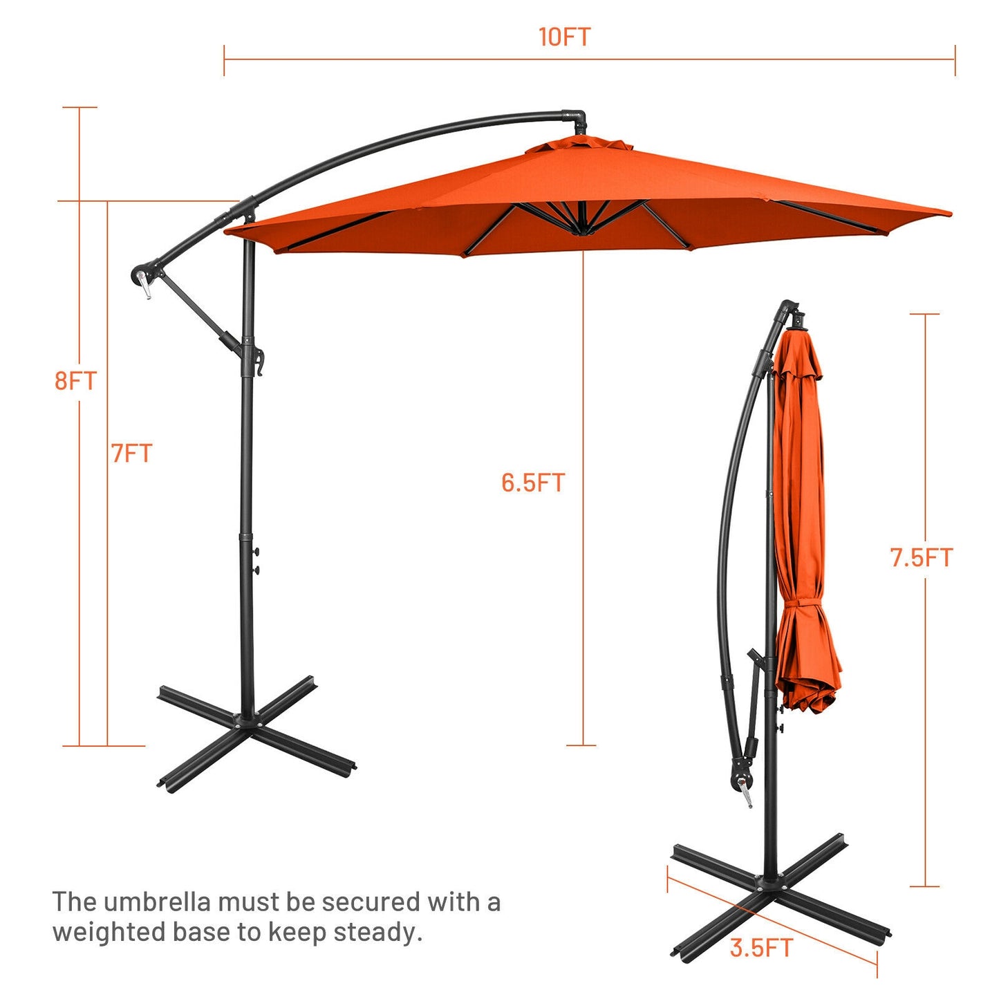 10FT Offset Umbrella with 8 Ribs Cantilever and Cross Base Tilt Adjustment, Orange Outdoor Umbrellas at Gallery Canada