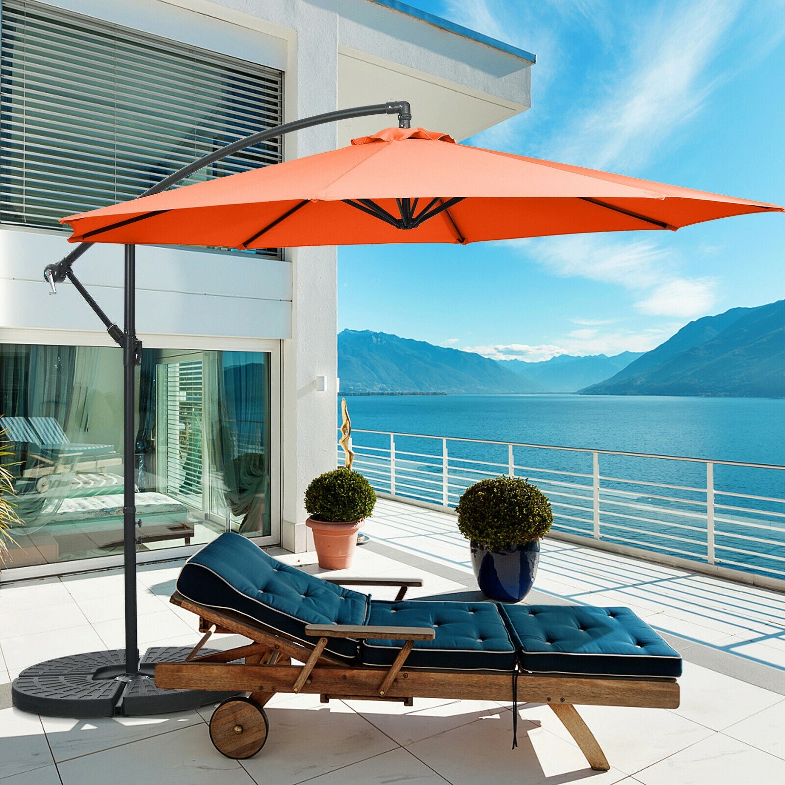 10FT Offset Umbrella with 8 Ribs Cantilever and Cross Base Tilt Adjustment, Orange Outdoor Umbrellas at Gallery Canada