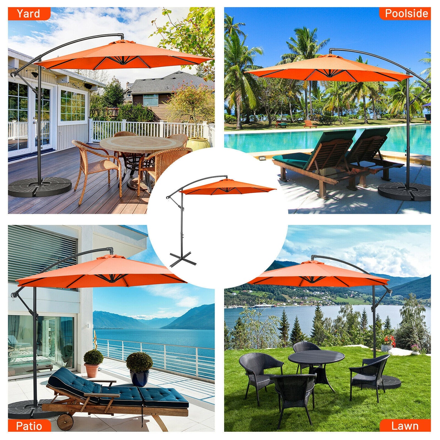 10FT Offset Umbrella with 8 Ribs Cantilever and Cross Base Tilt Adjustment, Orange Outdoor Umbrellas at Gallery Canada