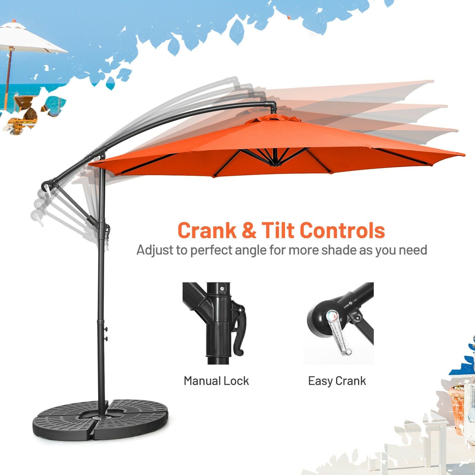 10FT Offset Umbrella with 8 Ribs Cantilever and Cross Base Tilt Adjustment, Orange Outdoor Umbrellas at Gallery Canada