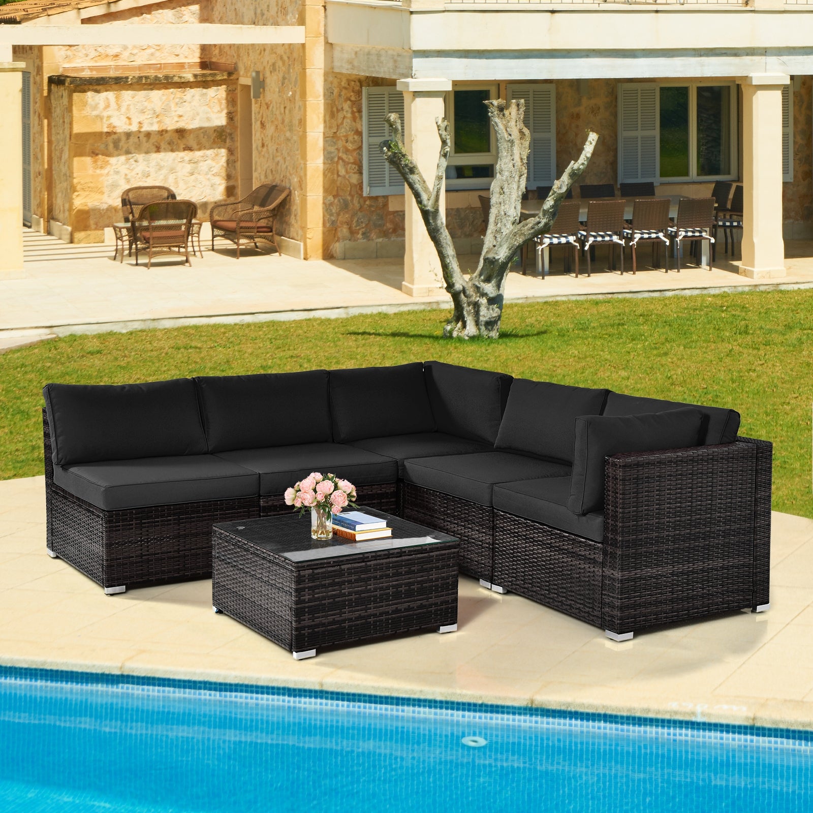 6 Pieces Patio Rattan Furniture Set with Cushions and Glass Coffee Table, Black Outdoor Sectionals at Gallery Canada