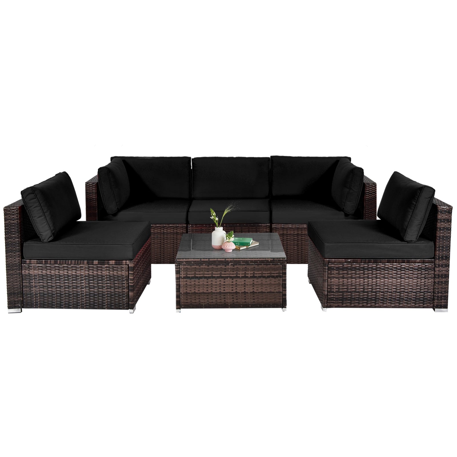 6 Pieces Patio Rattan Furniture Set with Cushions and Glass Coffee Table, Black Outdoor Sectionals at Gallery Canada