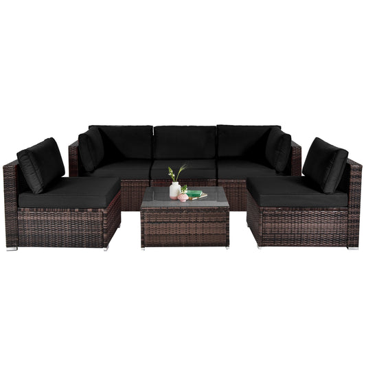 6 Pieces Patio Rattan Furniture Set with Cushions and Glass Coffee Table, Black Outdoor Sectionals Black at Gallery Canada