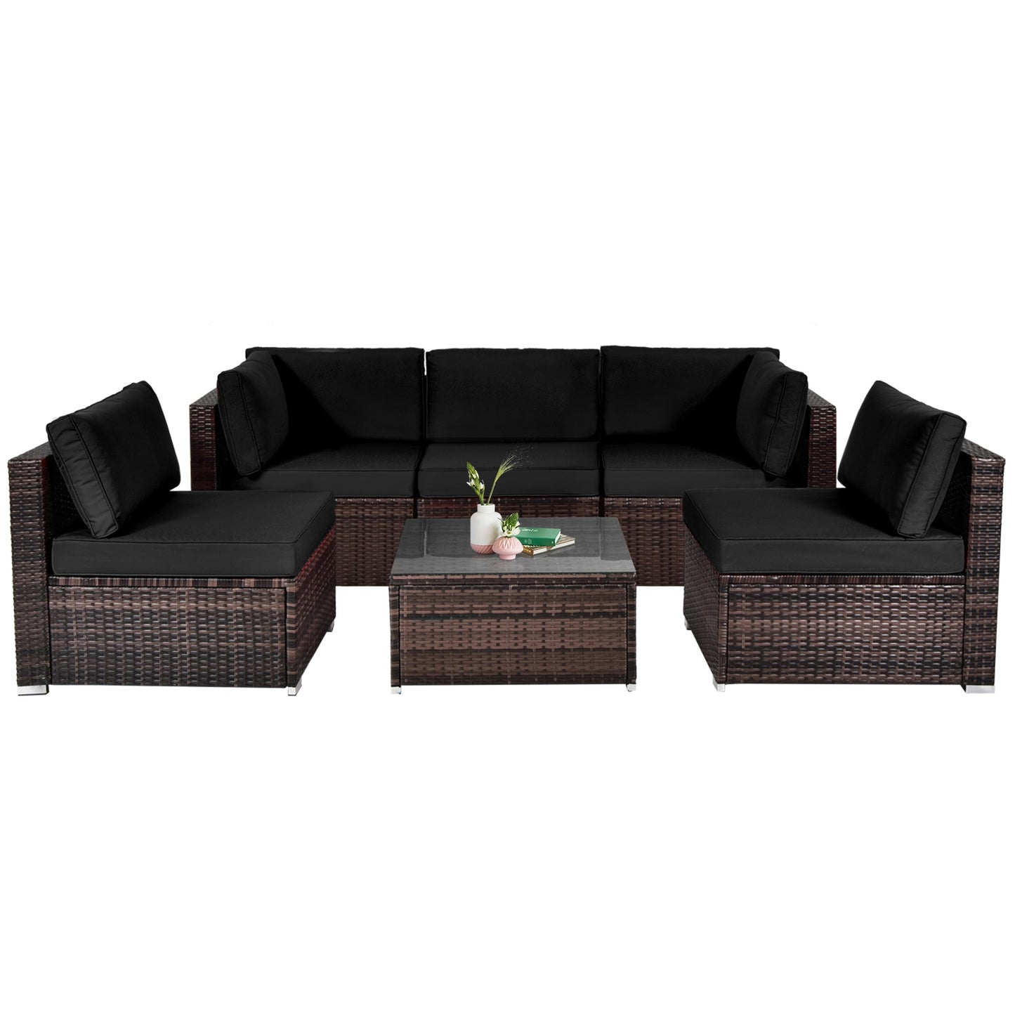 6 Pieces Patio Rattan Furniture Set with Cushions and Glass Coffee Table, Black Outdoor Sectionals Black at Gallery Canada