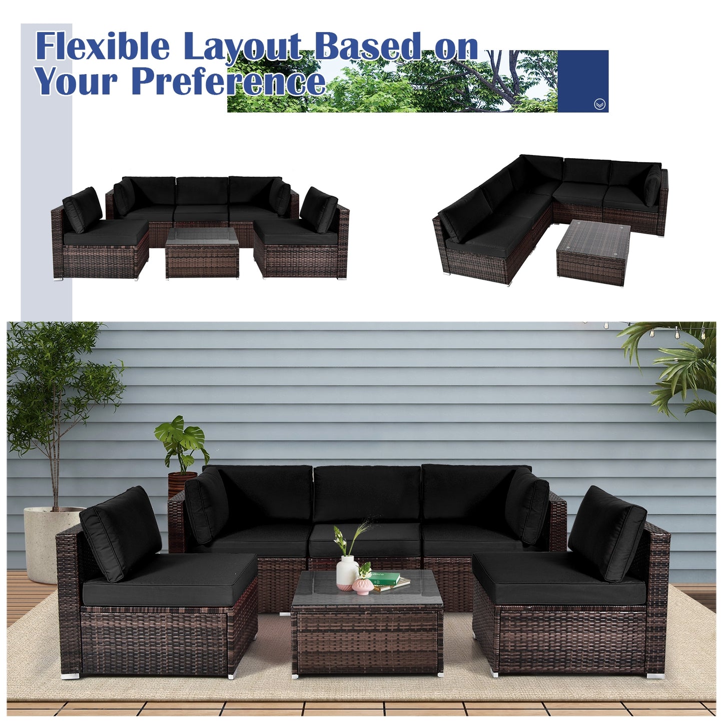 6 Pieces Patio Rattan Furniture Set with Cushions and Glass Coffee Table, Black Outdoor Sectionals at Gallery Canada
