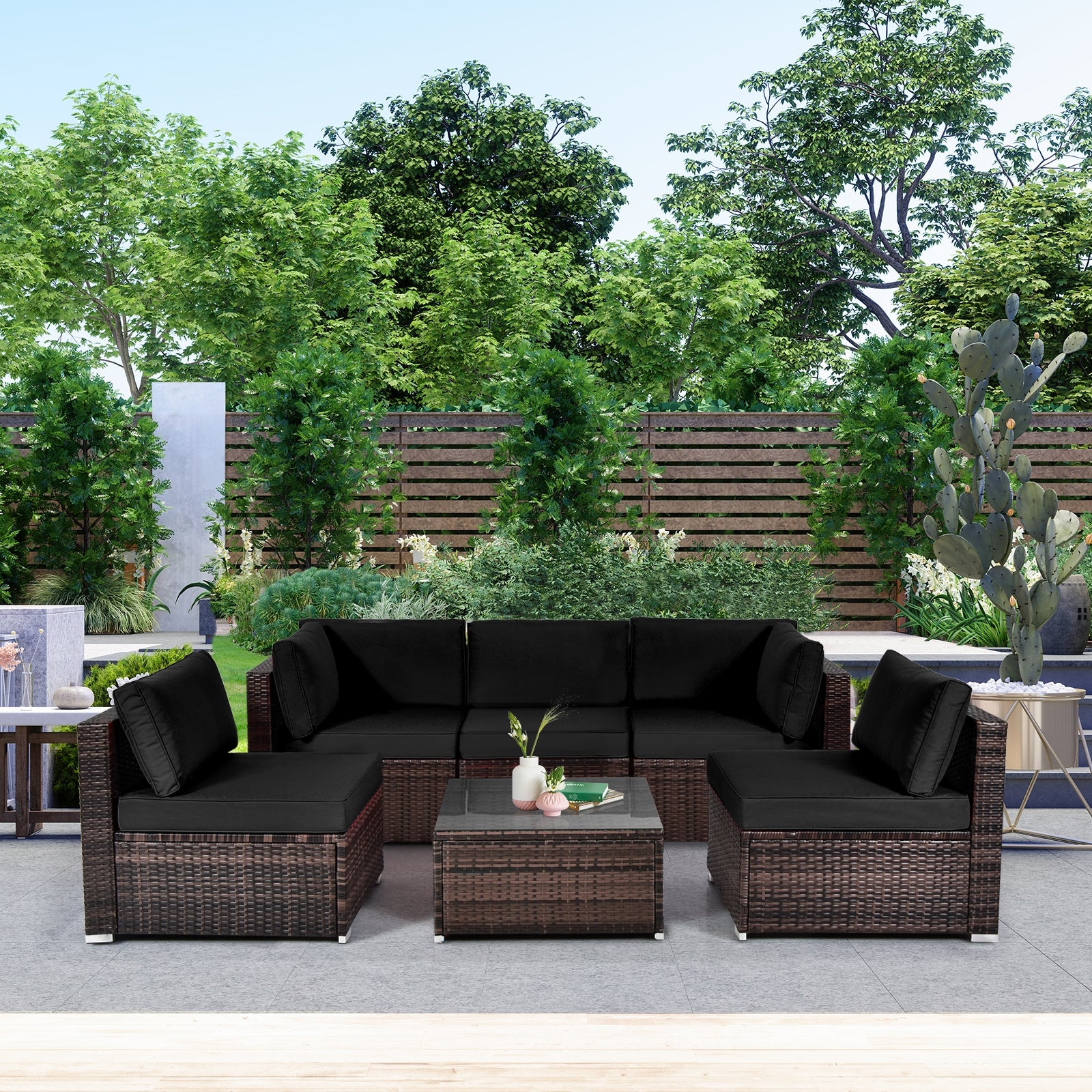 6 Pieces Patio Rattan Furniture Set with Cushions and Glass Coffee Table, Black Outdoor Sectionals at Gallery Canada