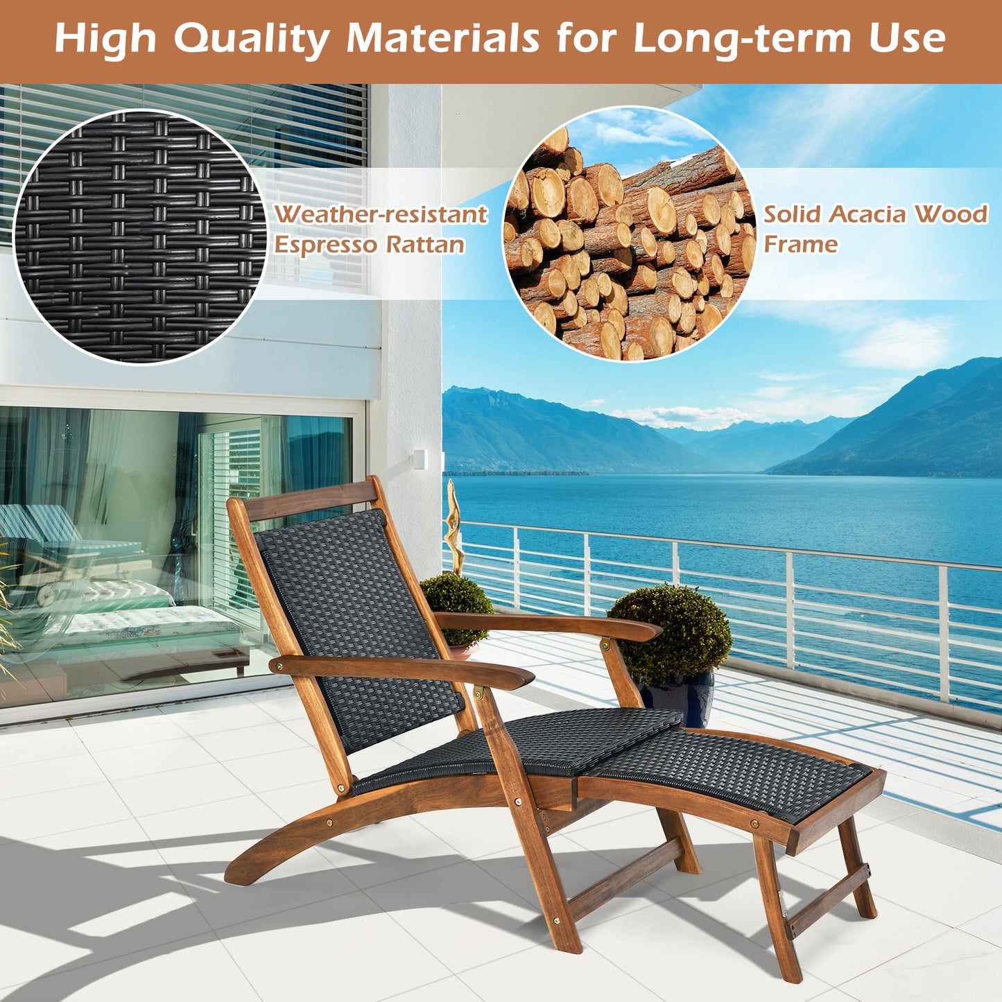 Patio Rattan Folding Lounge Chair with Acacia Wooden Frame Retractable Footrest, Brown Outdoor Chaise Lounges at Gallery Canada