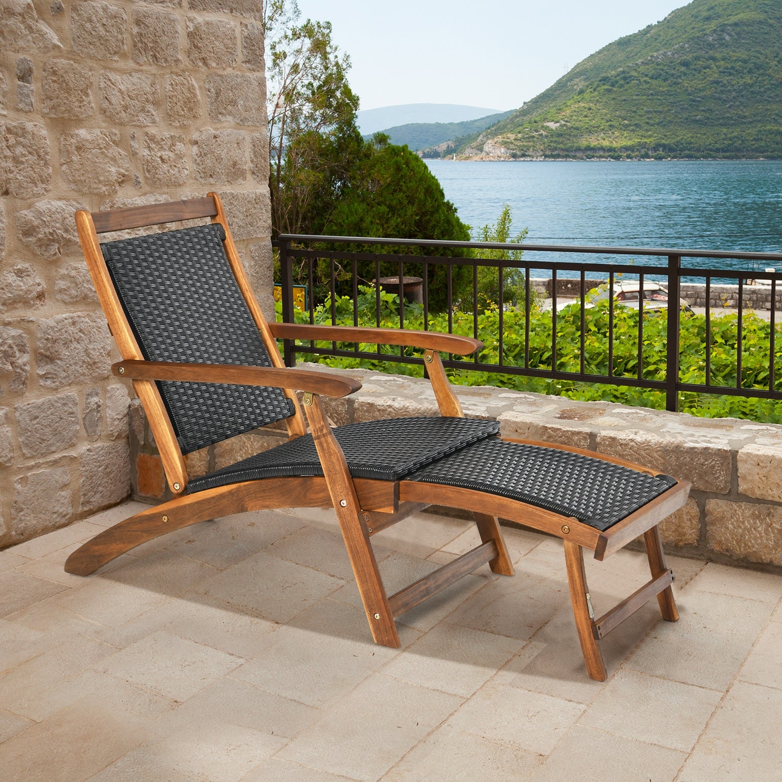 Patio Rattan Folding Lounge Chair with Acacia Wooden Frame Retractable Footrest, Brown Outdoor Chaise Lounges at Gallery Canada