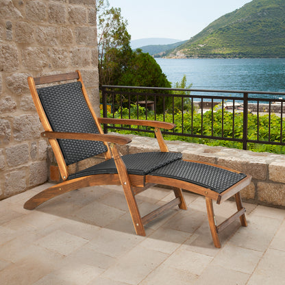 Patio Rattan Folding Lounge Chair with Acacia Wooden Frame Retractable Footrest, Brown Outdoor Chaise Lounges at Gallery Canada