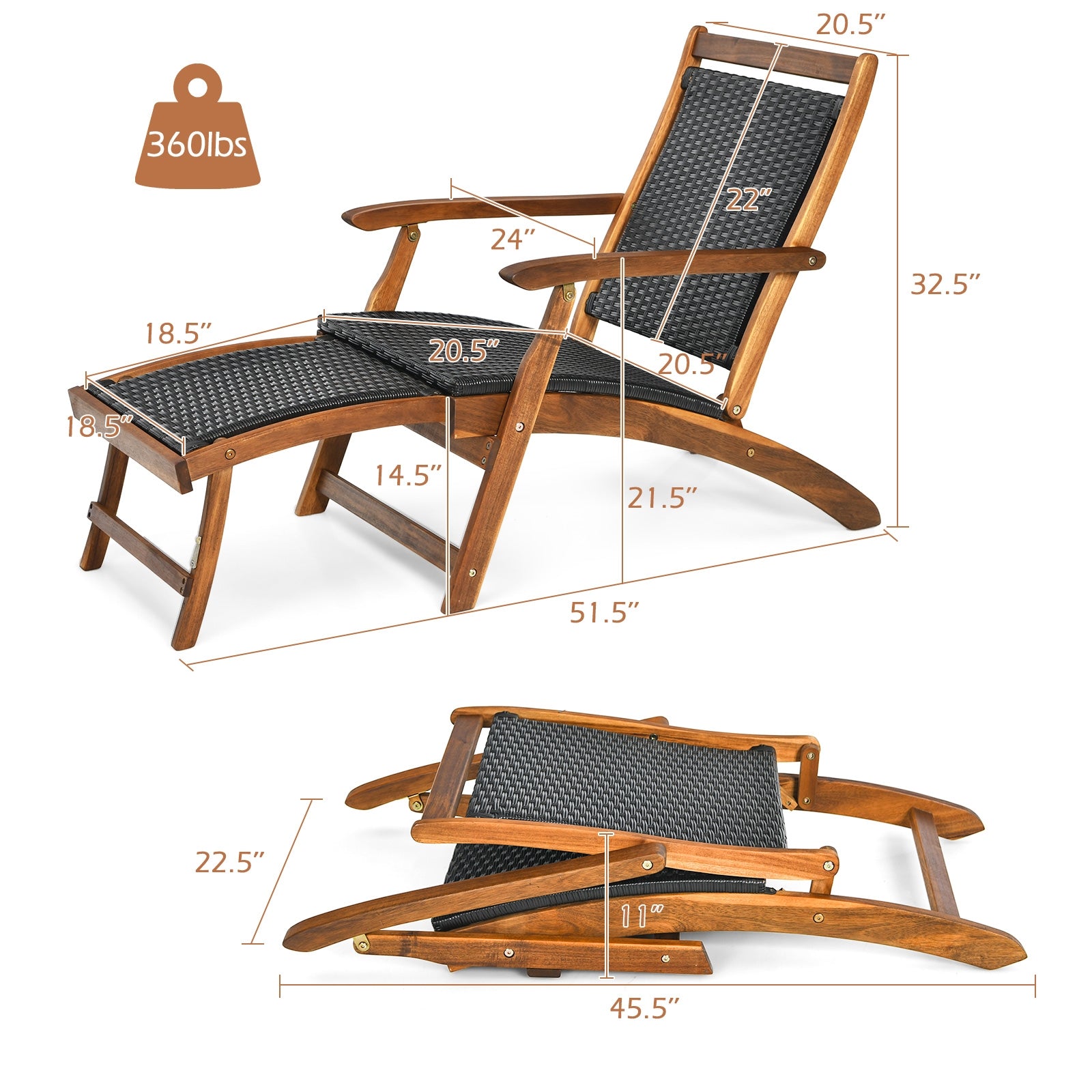 Patio Rattan Folding Lounge Chair with Acacia Wooden Frame Retractable Footrest, Brown Outdoor Chaise Lounges at Gallery Canada