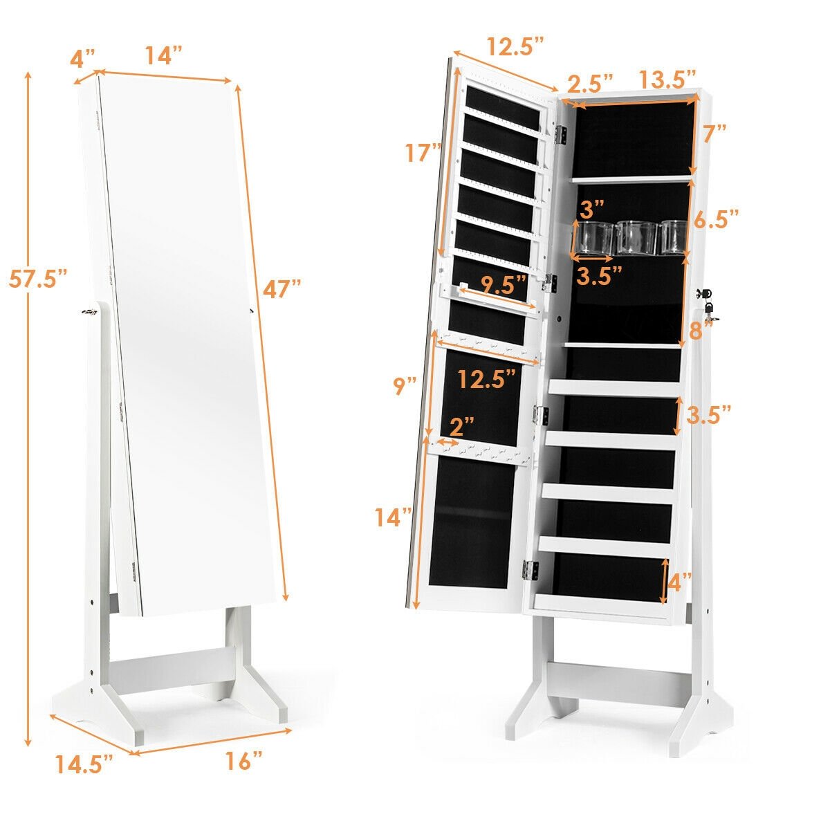 Standing Jewelry Armoire Cabinet with Full Length Mirror, White - Gallery Canada