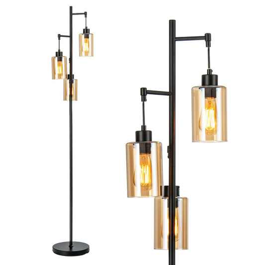 Retro Floor Lamp with 3-Head Hanging Amber Glass Shade, Black at Gallery Canada