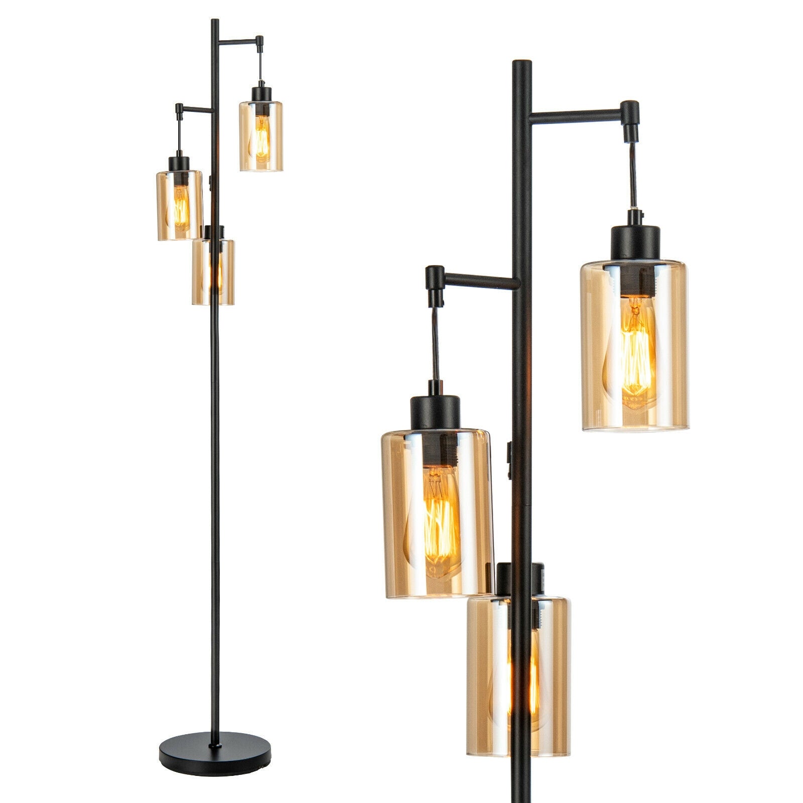 Retro Floor Lamp, 3-Head Hanging Glass Shade, Black, Amber Table & Floor Lamps at Gallery Canada