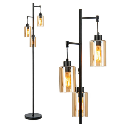 Retro Floor Lamp, 3-Head Hanging Glass Shade, Black, Amber Table & Floor Lamps at Gallery Canada