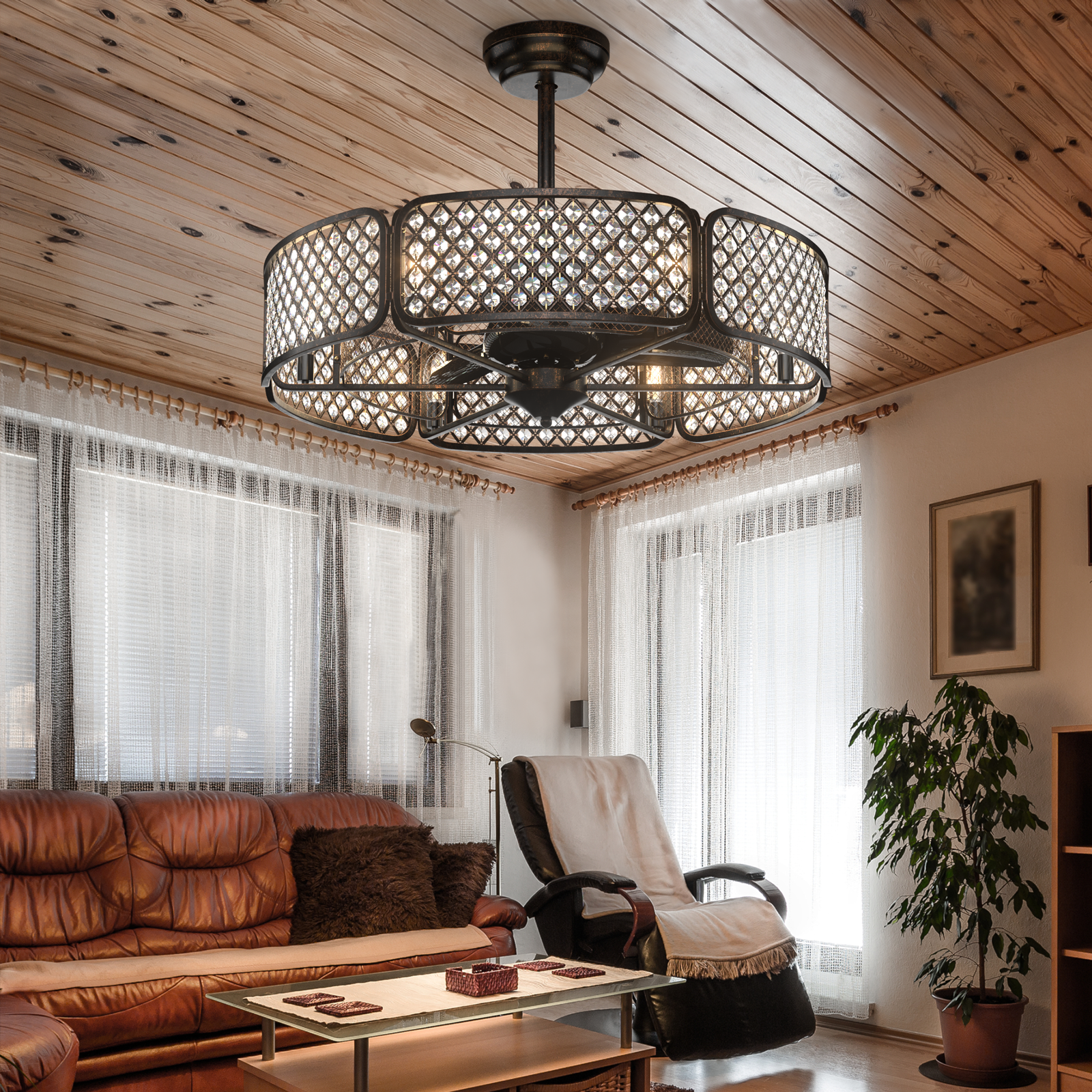 30 Inch Caged Ceiling Fan With Light Crystal Lampshade 6 Light Bases, Brown - Gallery Canada