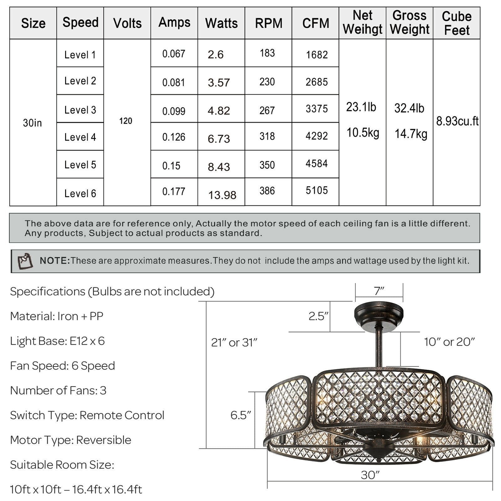 30 Inch Caged Ceiling Fan With Light Crystal Lampshade 6 Light Bases, Brown - Gallery Canada