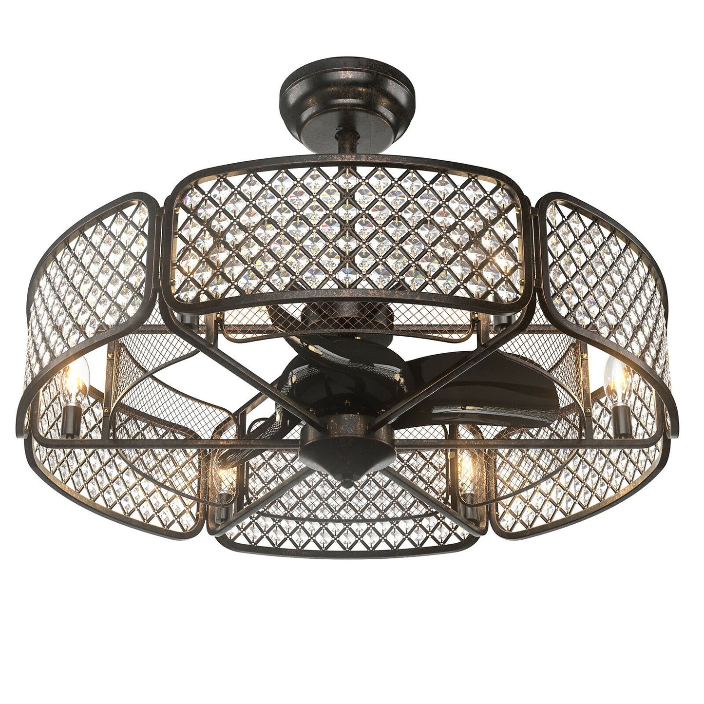 30 Inch Ceiling Fan With Light, Crystal Lampshade, Brown