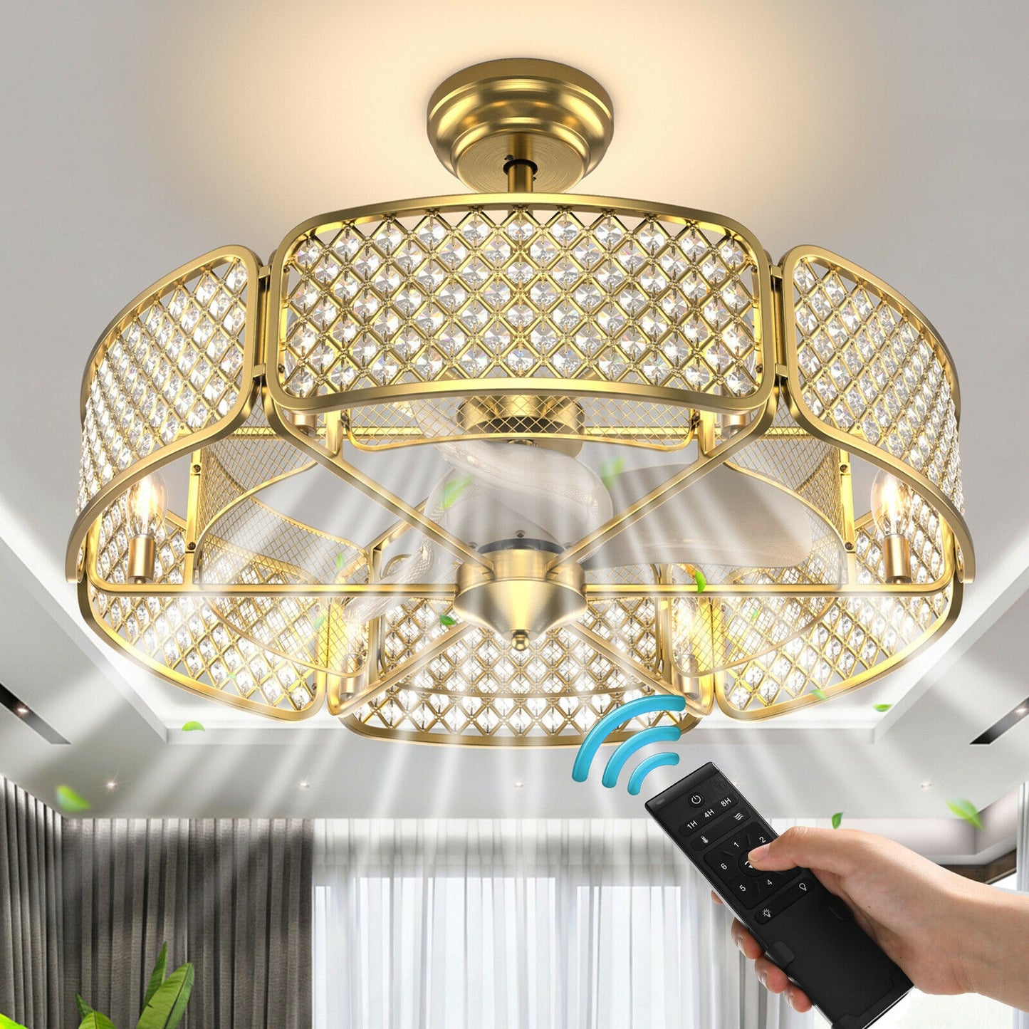 30 Inch Caged Ceiling Fan With Light Crystal Lampshade 6 Light Bases, Golden Ceiling Fans at Gallery Canada