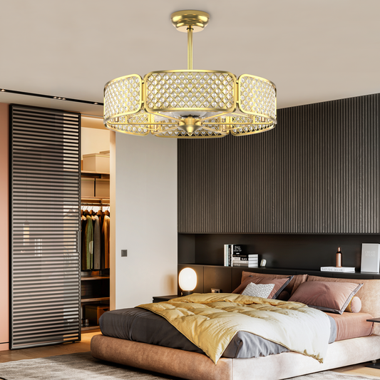30 Inch Caged Ceiling Fan With Light Crystal Lampshade 6 Light Bases, Golden - Gallery Canada