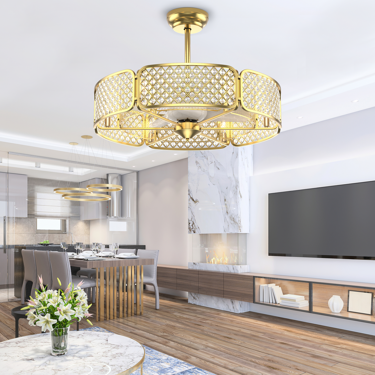 30 Inch Caged Ceiling Fan With Light Crystal Lampshade 6 Light Bases, Golden Ceiling Fans at Gallery Canada