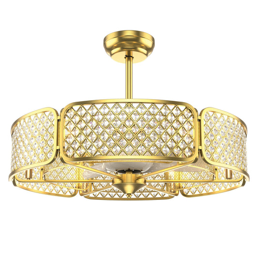 30 Inch Caged Ceiling Fan With Light, Crystal Lampshade, Golden
