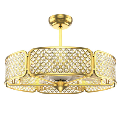30 Inch Caged Ceiling Fan With Light, Crystal Lampshade, Golden