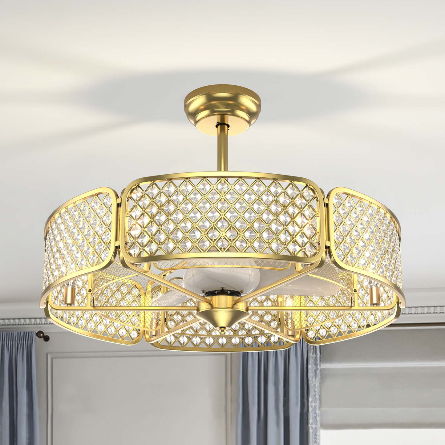 30 Inch Caged Ceiling Fan With Light Crystal Lampshade 6 Light Bases, Golden Ceiling Fans at Gallery Canada