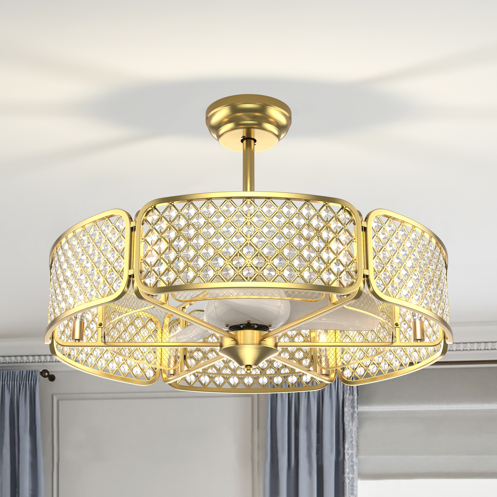 30 Inch Caged Ceiling Fan With Light Crystal Lampshade 6 Light Bases, Golden Ceiling Fans at Gallery Canada
