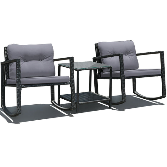 3 Pcs Cushioned Patio Rattan Set, Rocking Chair And Table, Gray Patio Conversation Sets Gray at Gallery Canada