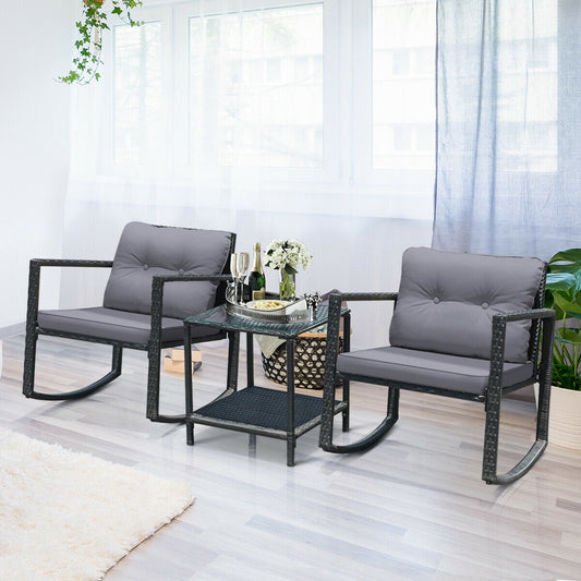 3 Pcs Cushioned Patio Rattan Set with Rocking Chair and Table, Gray Patio Conversation Sets Gray at Gallery Canada