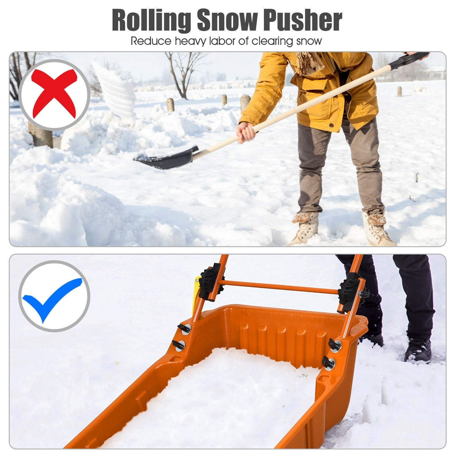 Folding Snow Pusher Scoop Shovel with Wheels and Handle, Orange - Gallery Canada