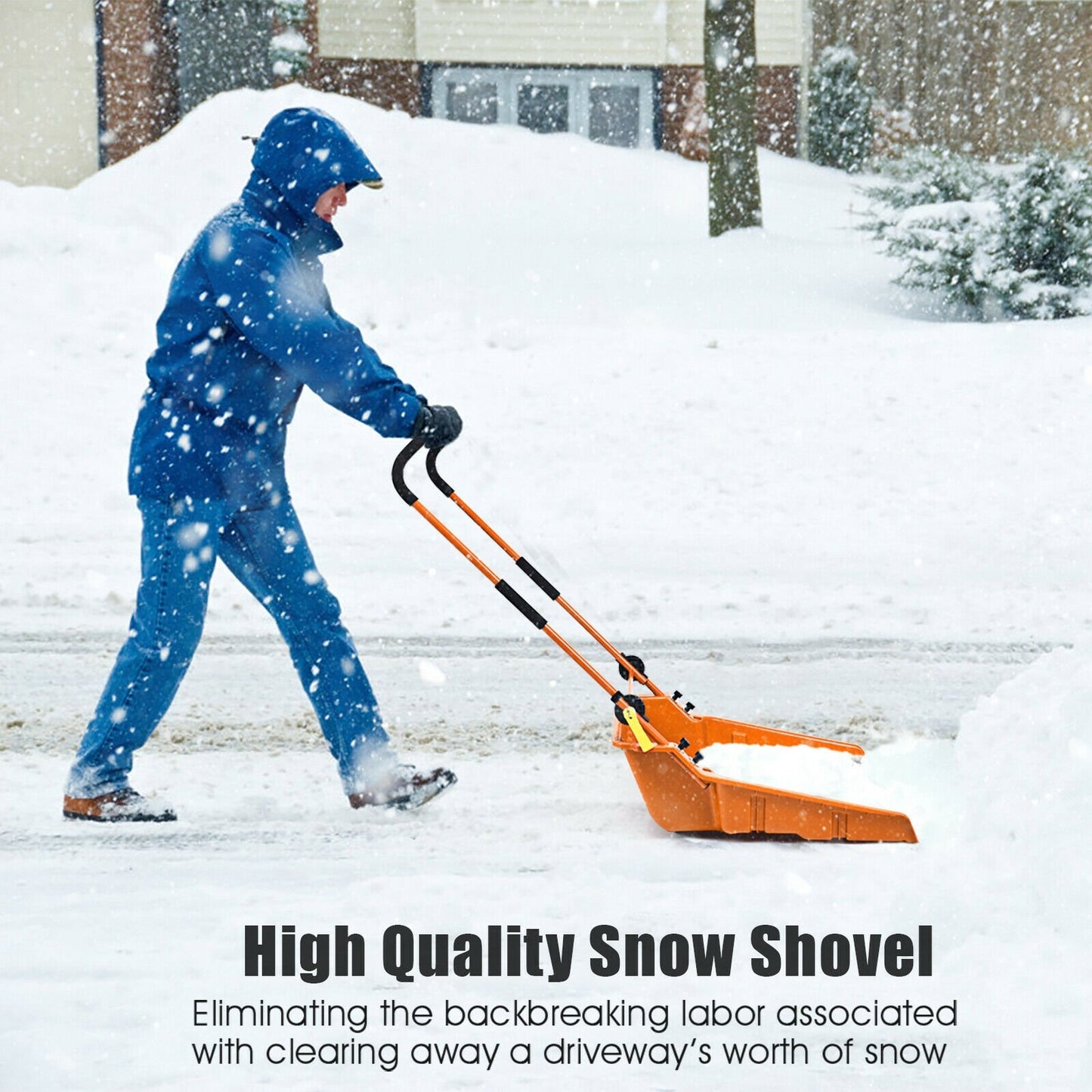 Folding Snow Pusher Scoop Shovel with Wheels and Handle, Orange - Gallery Canada