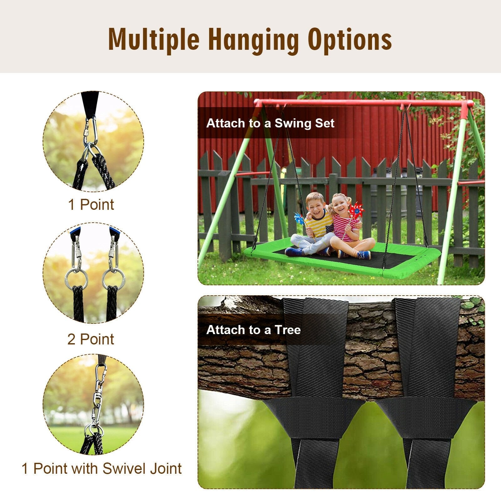 60 Inch Platform Tree Swing Outdoor with 2 Hanging Straps, Green - Gallery Canada