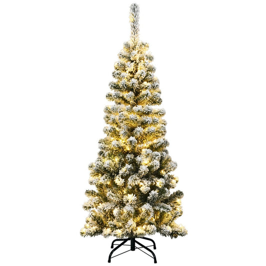 4.5 Feet Pre-Lit Snow Flocked Pencil Christmas Tree with 150 LED Light, Green - Gallery Canada