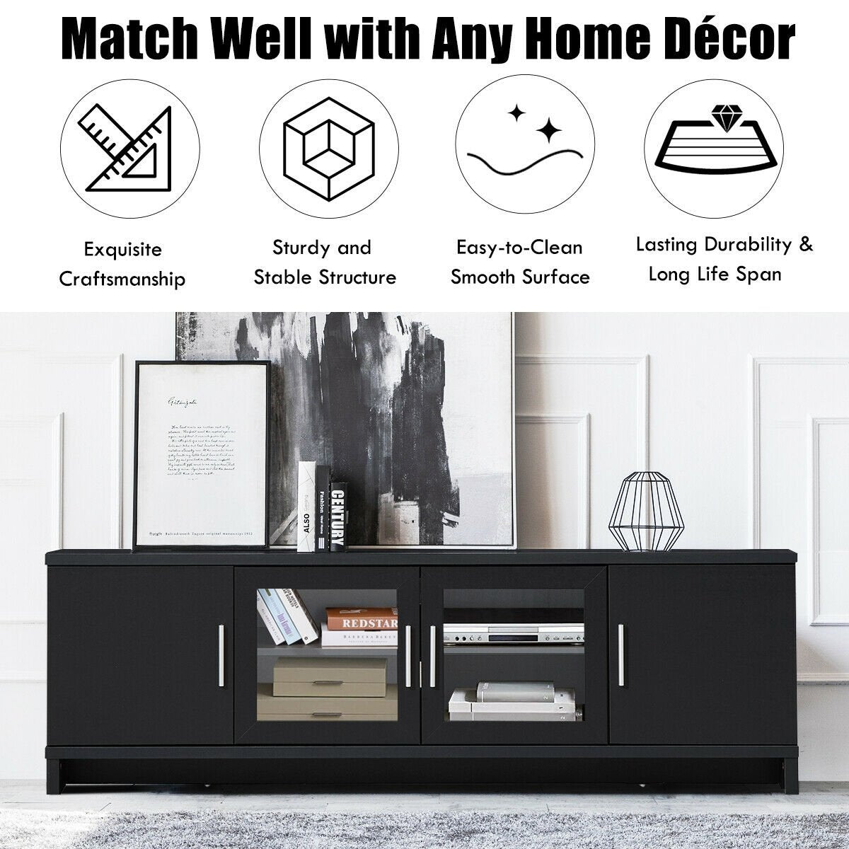 Media Entertainment TV Stand for TVs up to 70 Inch with Adjustable Shelf, Black - Gallery Canada