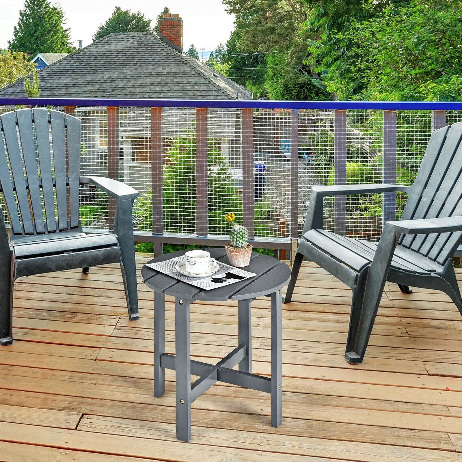 18 Inch Patio Round Side Wooden Slat End Coffee Table for Garden, Gray Patio Coffee Tables at Gallery Canada